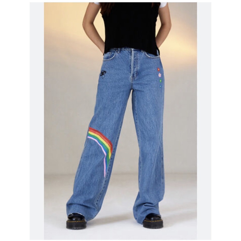 PacSun Eco Rainbow Blue Distressed High Waisted Wide Leg Baggy‎ Jeans Size 28